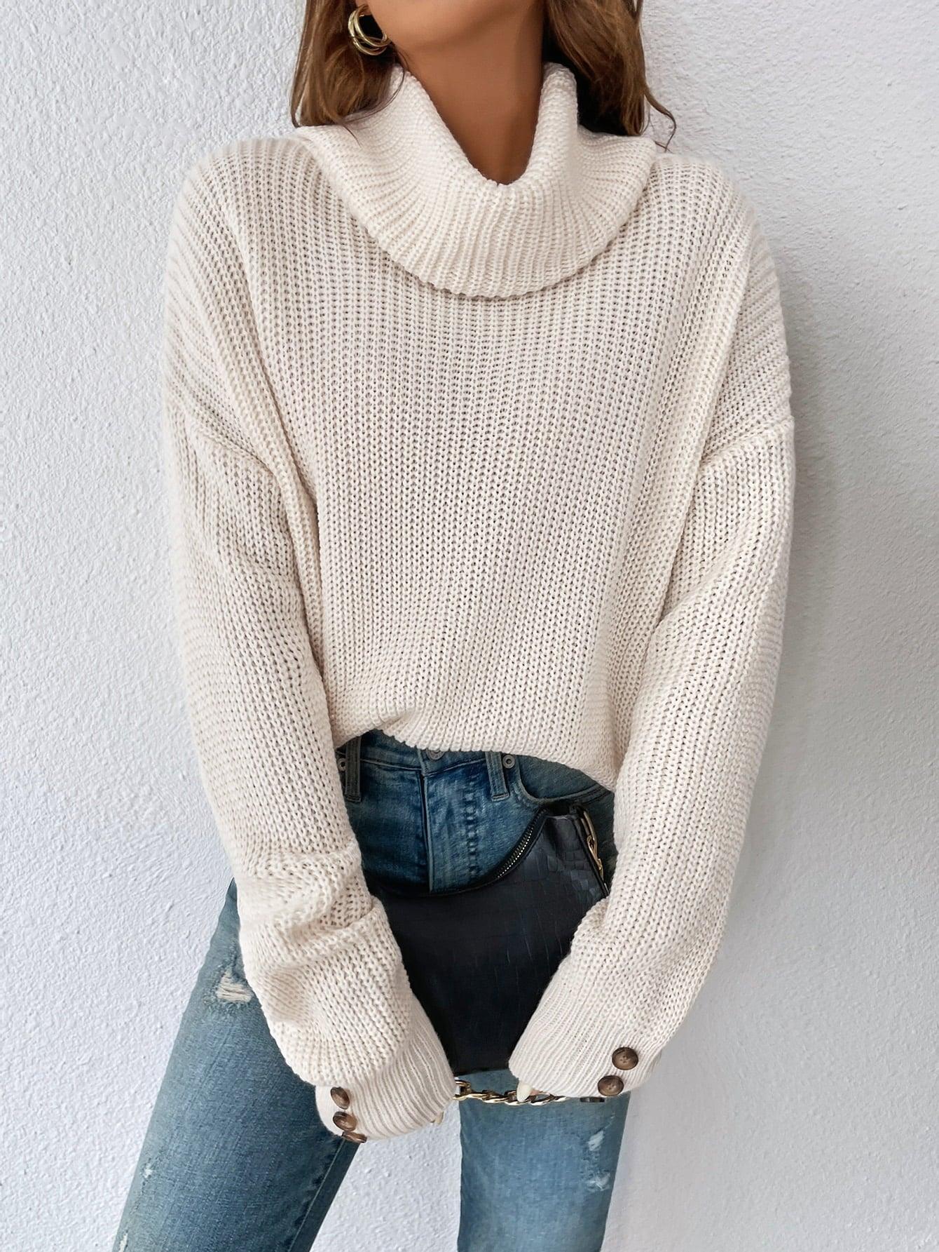 Decorative Buttons Women's Turtleneck Sweater - MXSTUDIO.COM