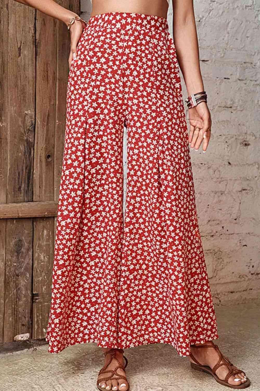 Deep Red High-Rise Wide Leg Floral Flare Pants - MXSTUDIO.COM