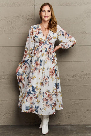 Delicate Blooms Plunge Neck Floral Chiffon Dress - MXSTUDIO.COM