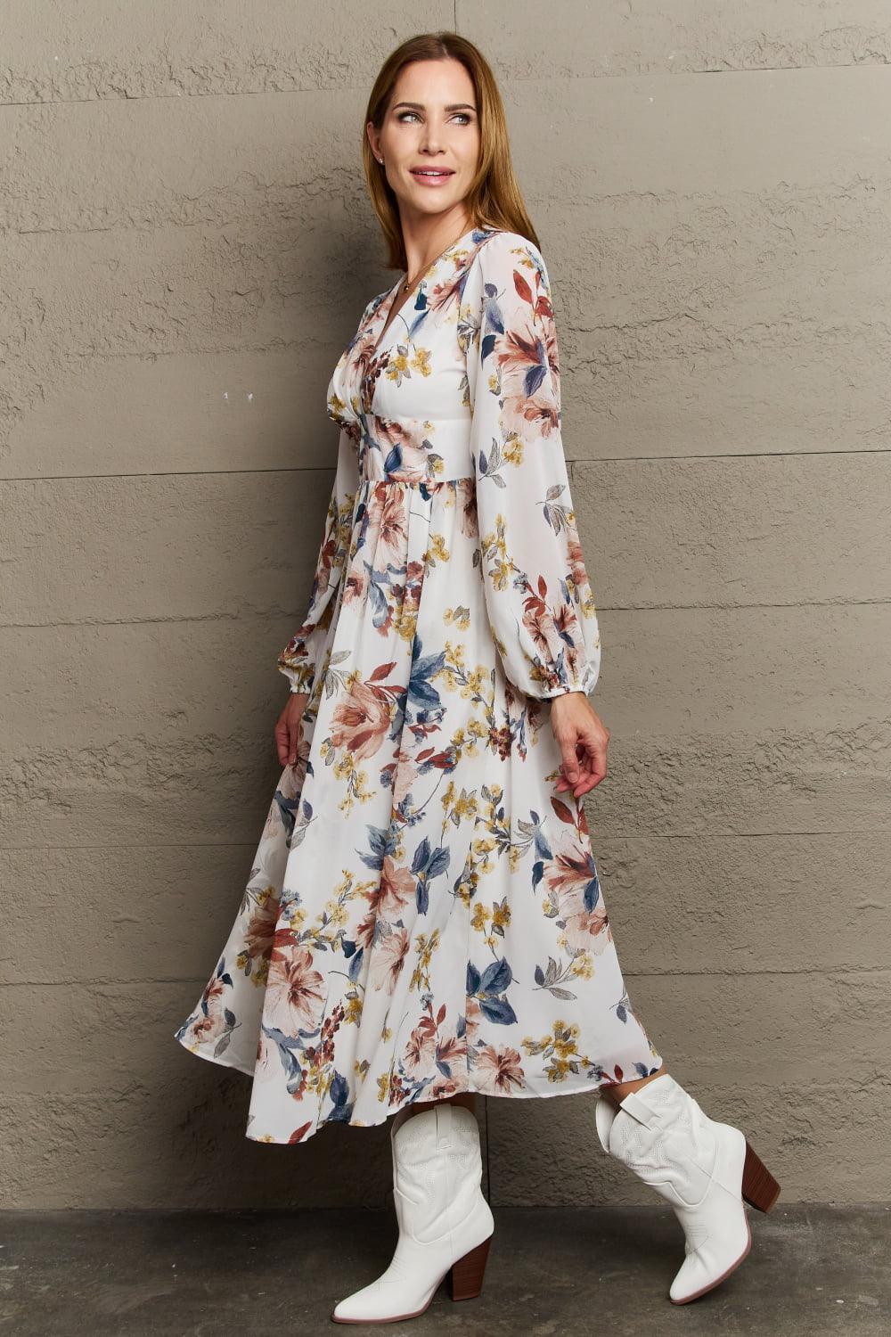 Delicate Blooms Plunge Neck Floral Chiffon Dress - MXSTUDIO.COM