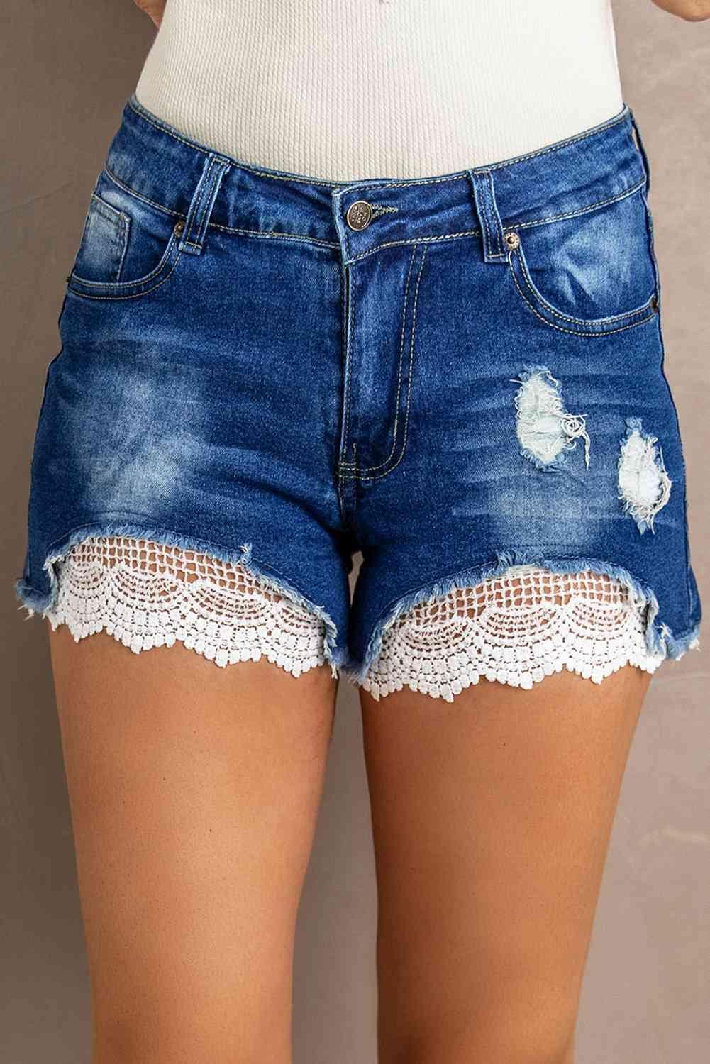 Delicate Distressed Lace Denim Shorts - MXSTUDIO.COM