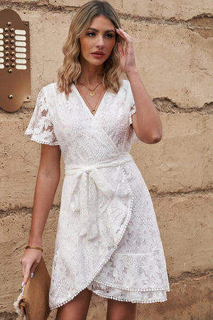 Delicate Tie Waist Flutter Sleeve Wrap Mini Dress - MXSTUDIO.COM