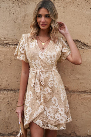 Delicate Tie Waist Flutter Sleeve Wrap Mini Dress - MXSTUDIO.COM