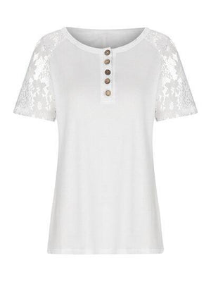 a white top with lace sleeves and buttons