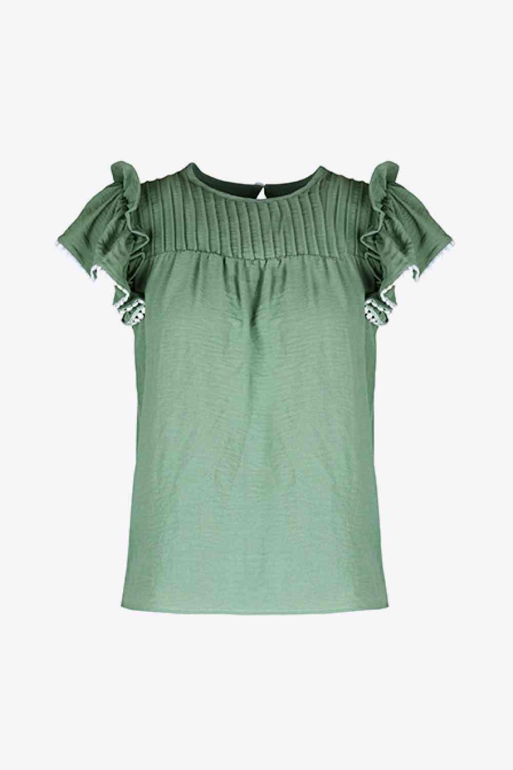 a green top with ruffled sleeves on a white background