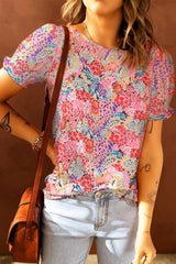 Delightful Crewneck Floral Short Sleeve Blouse - MXSTUDIO.COM