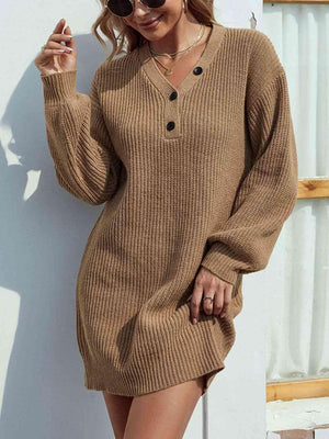 Desirable Warmth V-Neck Knitted Sweater Dress-MXSTUDIO.COM