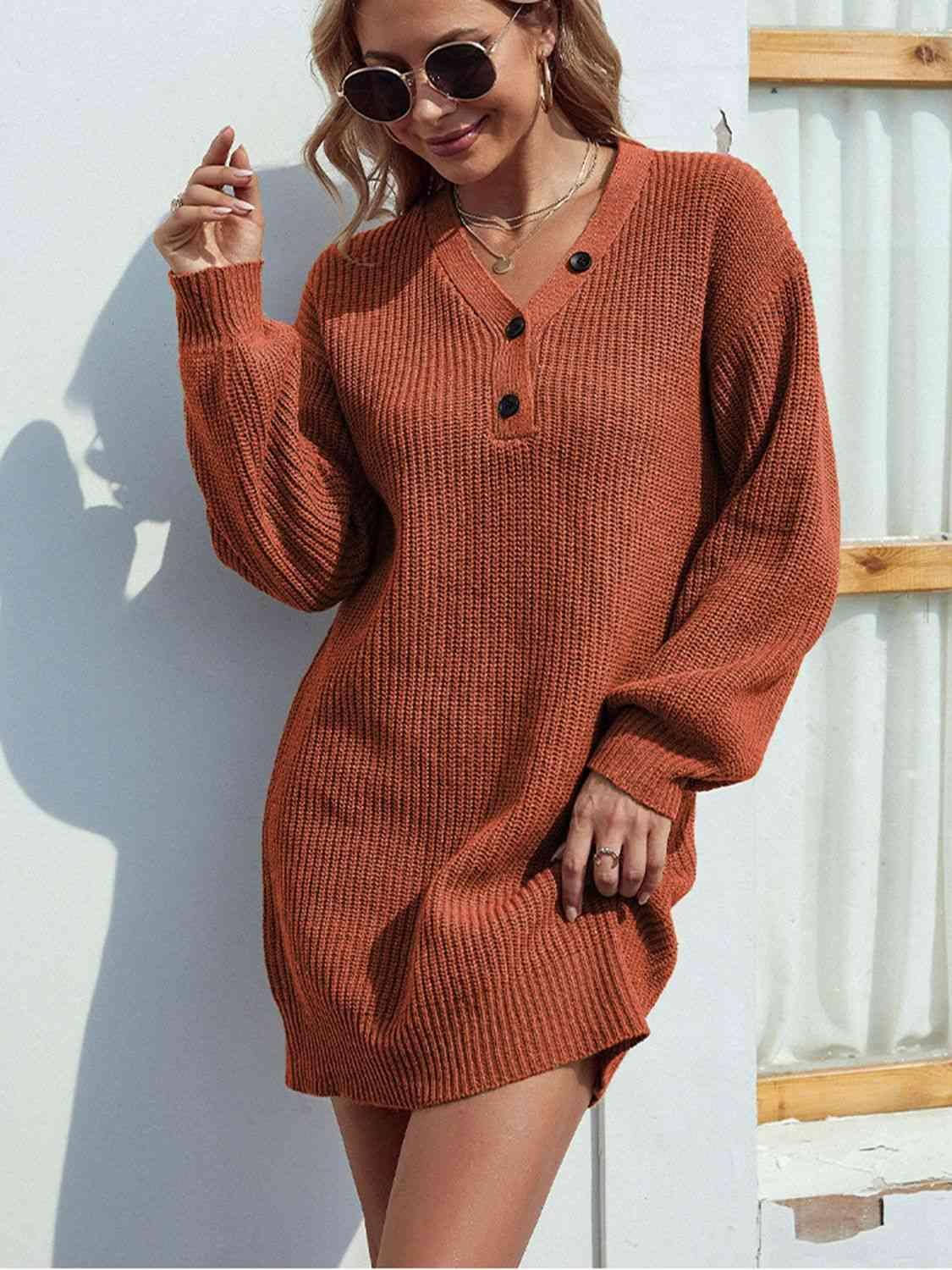 Desirable Warmth V-Neck Knitted Sweater Dress-MXSTUDIO.COM