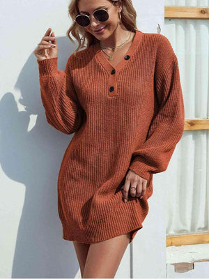Desirable Warmth V-Neck Knitted Sweater Dress-MXSTUDIO.COM
