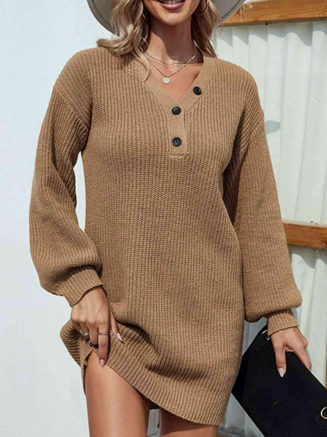 Desirable Warmth V-Neck Knitted Sweater Dress-MXSTUDIO.COM