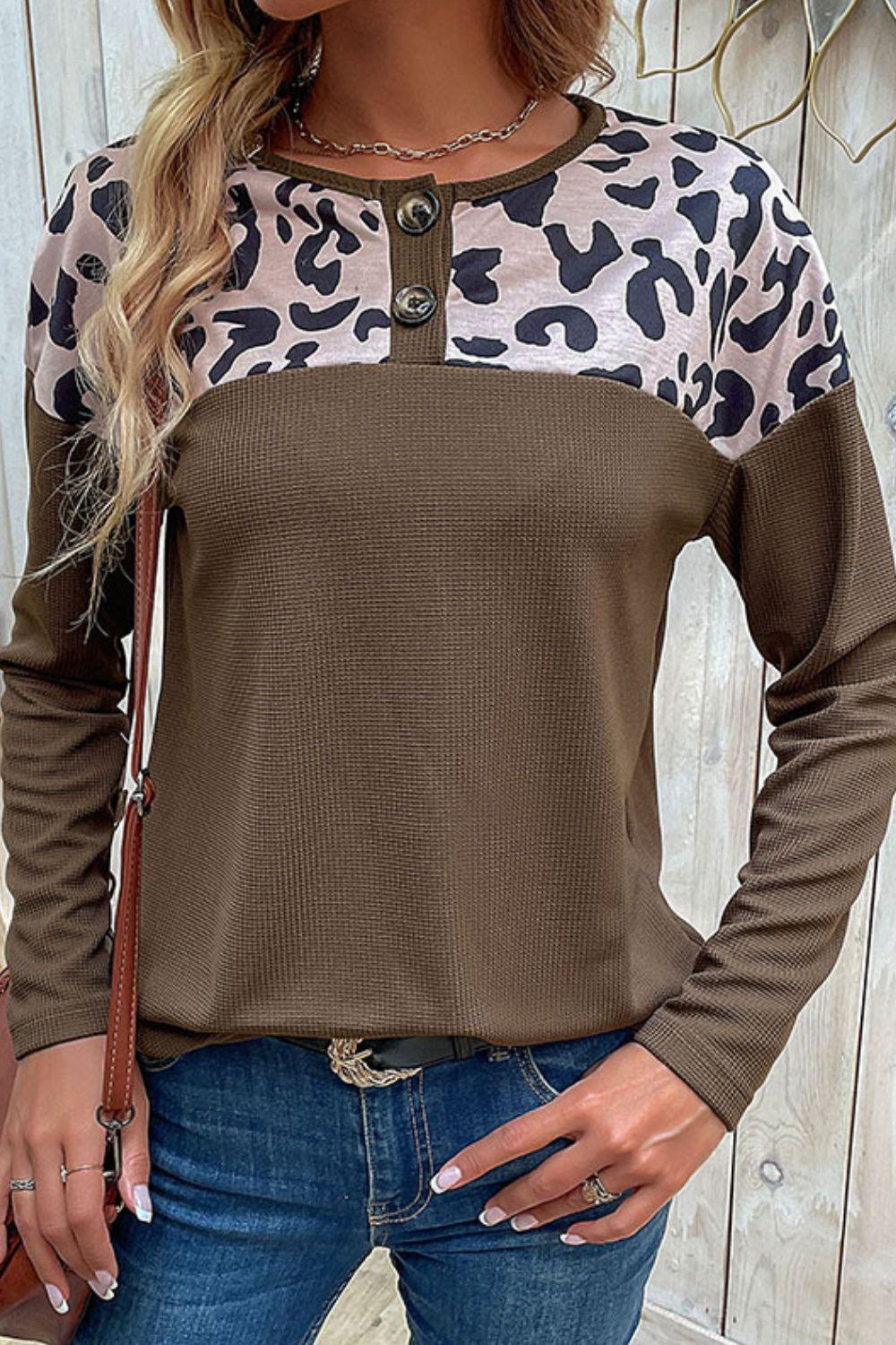 Determined Leopard Buttoned Long Sleeve T Shirt - MXSTUDIO.COM