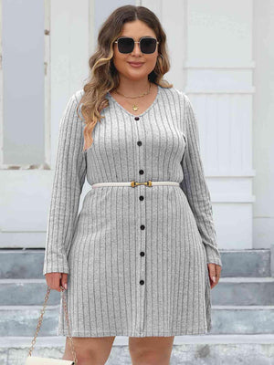 Diligently Ribbed Plus Size Long Sleeve Dress - MXSTUDIO.COM