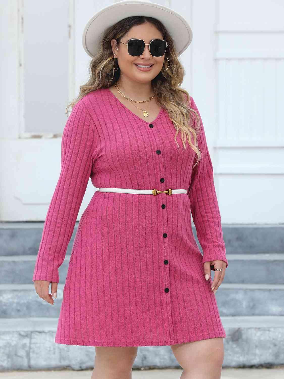 Diligently Ribbed Plus Size Long Sleeve Dress - MXSTUDIO.COM