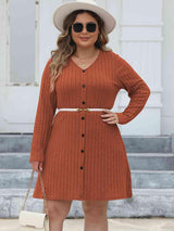 Diligently Ribbed Plus Size Long Sleeve Dress - MXSTUDIO.COM