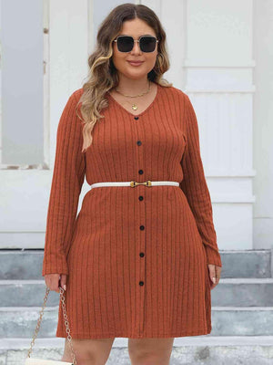 Diligently Ribbed Plus Size Long Sleeve Dress - MXSTUDIO.COM