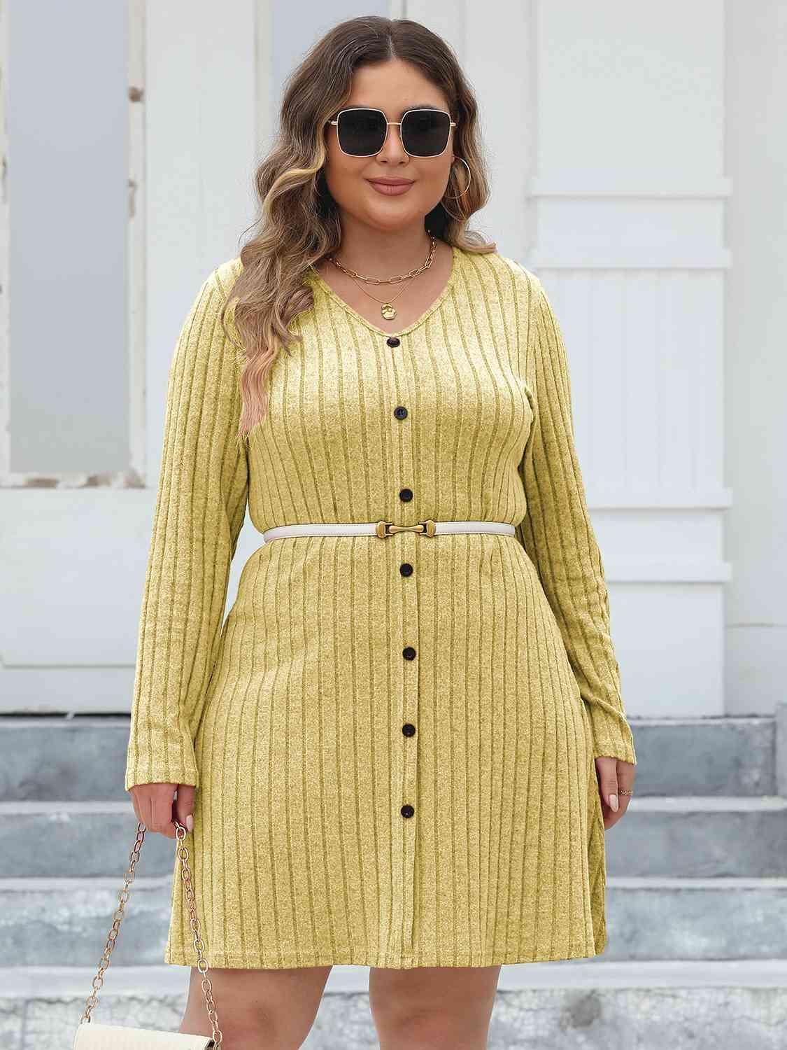 Diligently Ribbed Plus Size Long Sleeve Dress - MXSTUDIO.COM