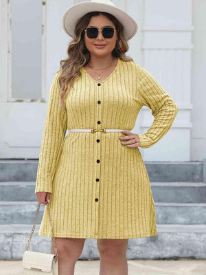 Diligently Ribbed Plus Size Long Sleeve Dress - MXSTUDIO.COM