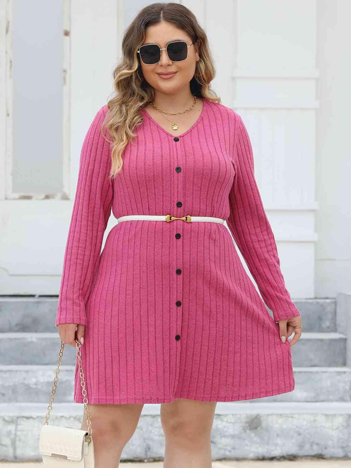 Diligently Ribbed Plus Size Long Sleeve Dress - MXSTUDIO.COM