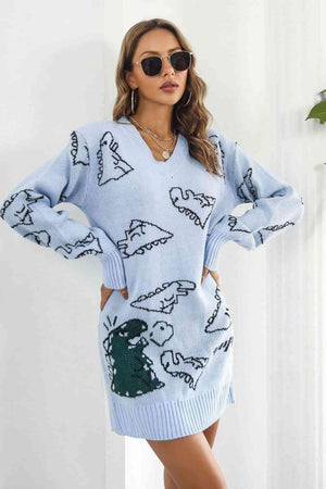 Dinosaur Pattern V Neck Long Sleeve Sweater Dress - MXSTUDIO.COM