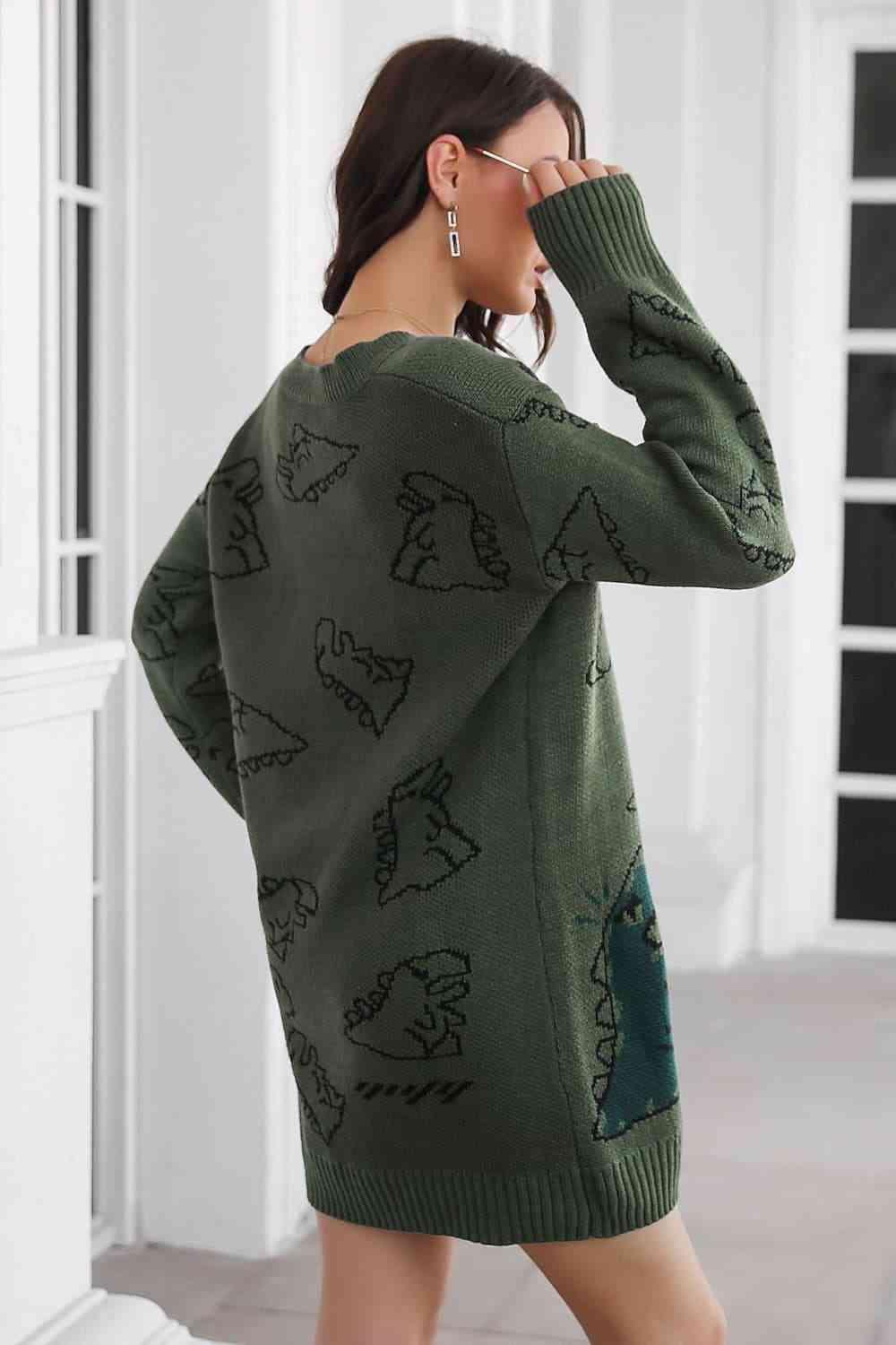 Dinosaur Pattern V Neck Long Sleeve Sweater Dress - MXSTUDIO.COM