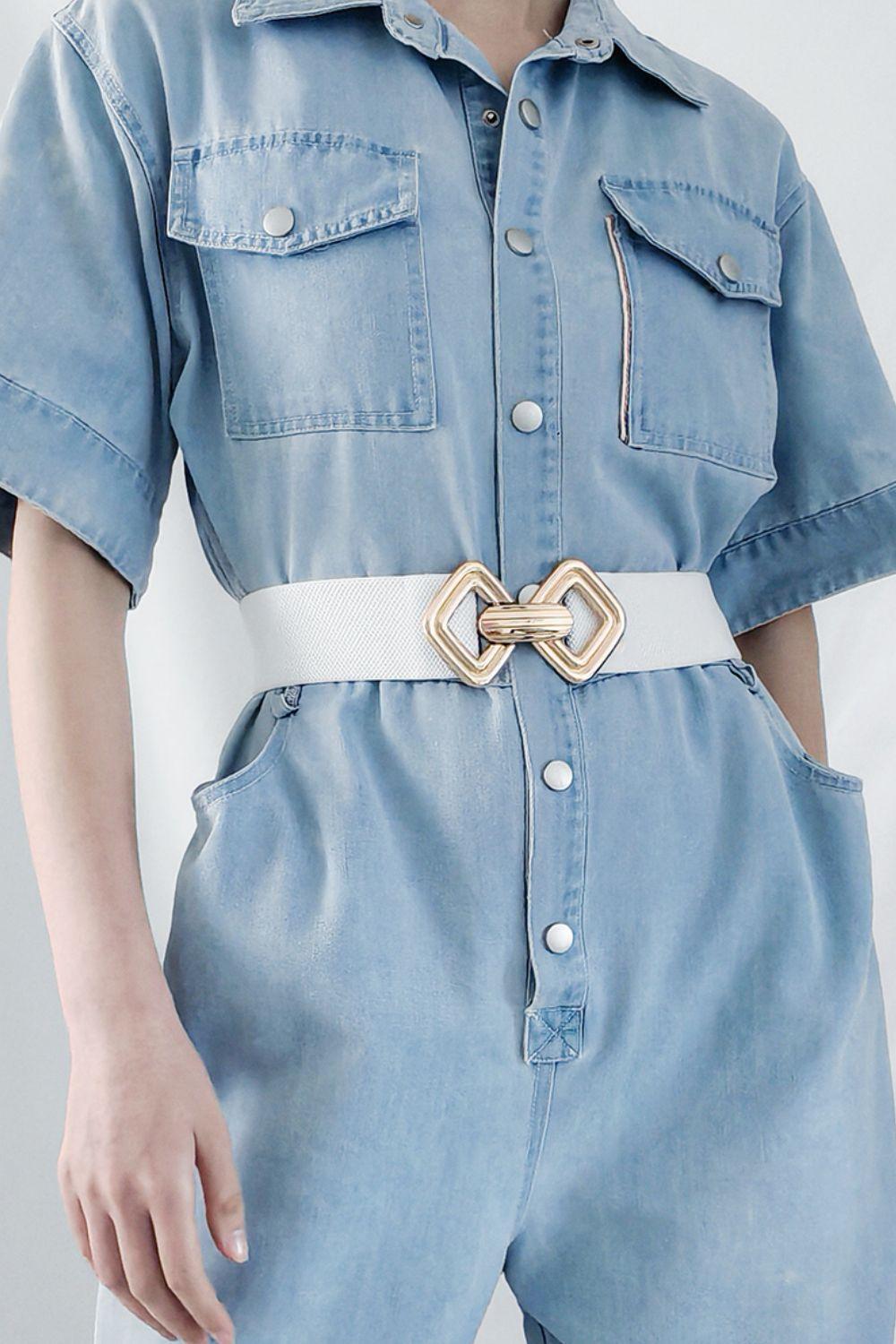 Display-Worthy Geometric Buckle Wide Stretch Waist Belt - MXSTUDIO.COM