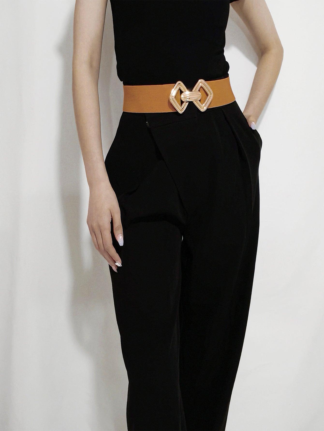 Display-Worthy Geometric Buckle Wide Stretch Waist Belt - MXSTUDIO.COM