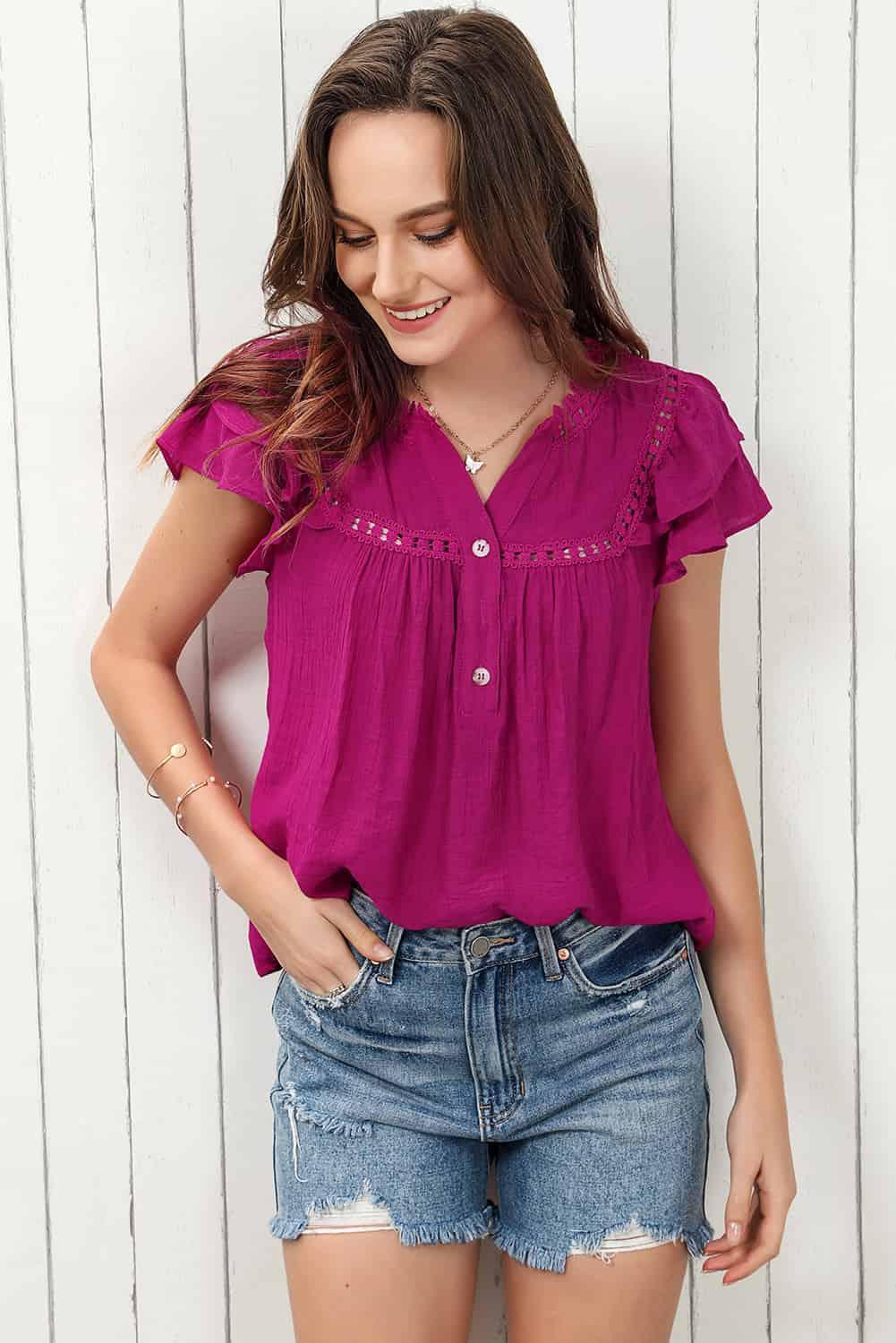 Distinct Beauty Buttoned Flutter Sleeve Blouse - MXSTUDIO.COM