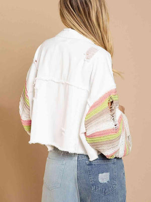 Distressed Bell Sleeve Striped Denim Jacket - MXSTUDIO.COM