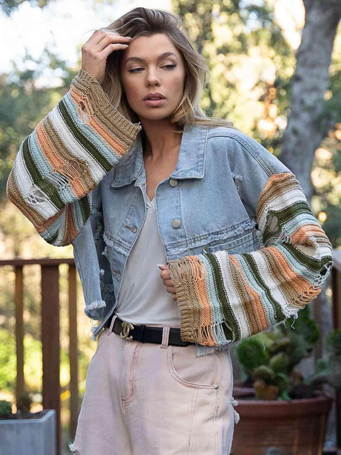 Distressed Bell Sleeve Striped Denim Jacket - MXSTUDIO.COM