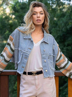 Distressed Bell Sleeve Striped Denim Jacket - MXSTUDIO.COM