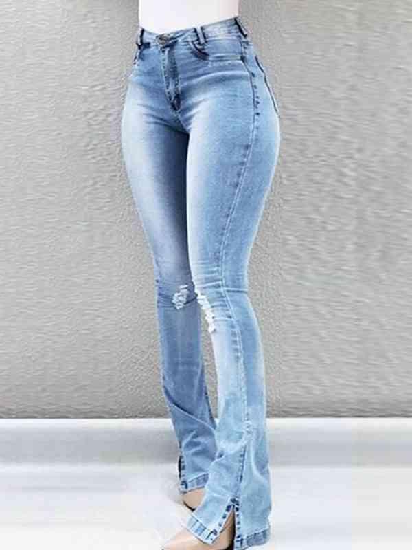 Distressed Washed High Waist Slit Jeans - MXSTUDIO.COM