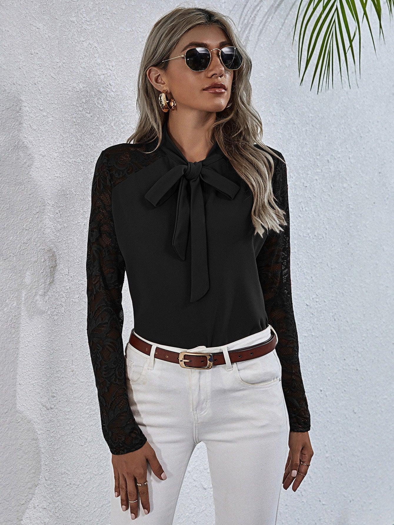 Dominant Long Sleeve Black Tie Neck Blouse - MXSTUDIO.COM