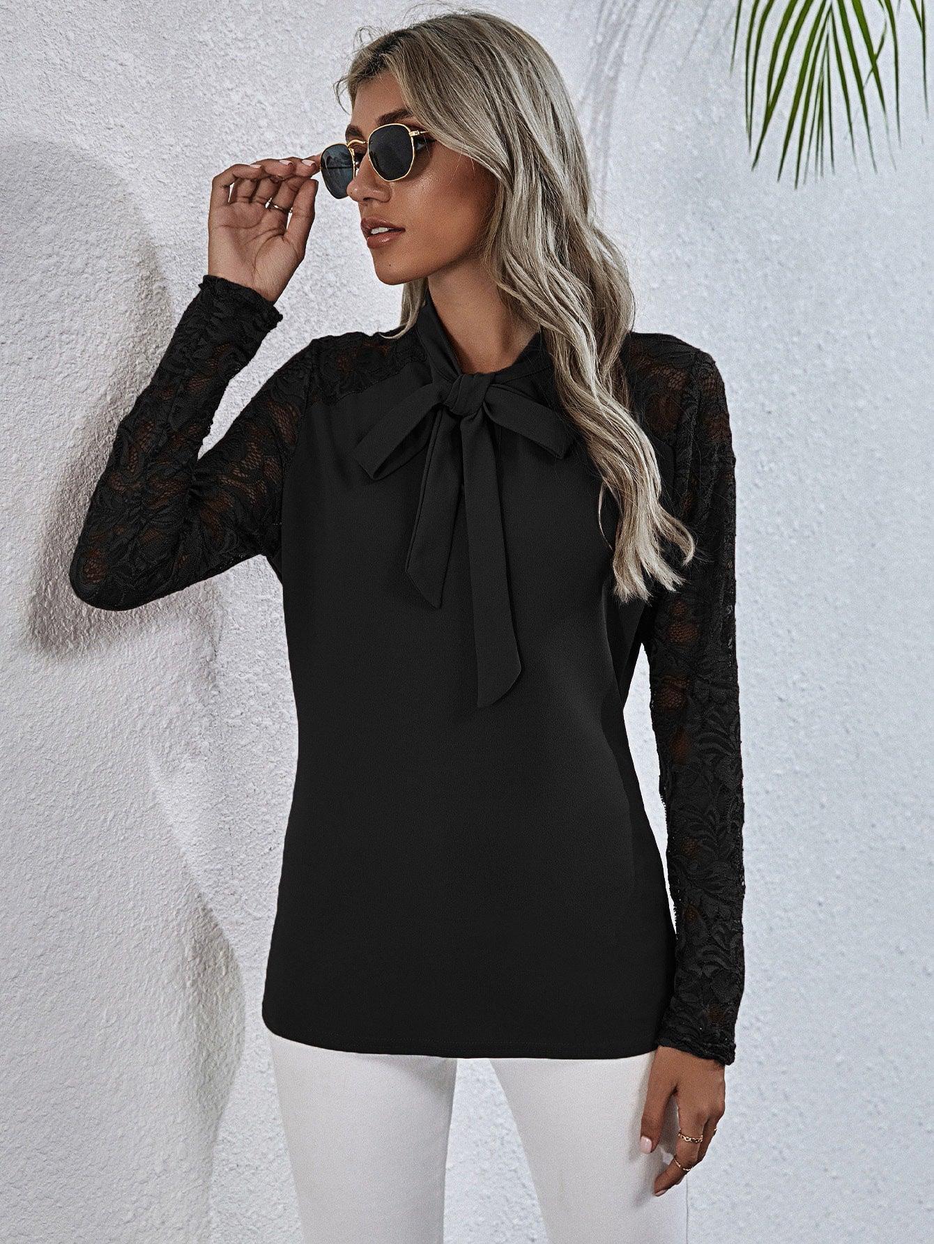 Dominant Long Sleeve Black Tie Neck Blouse - MXSTUDIO.COM