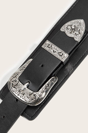 Double Buckle Black Leather Waist Elastic Belt - MXSTUDIO.COM