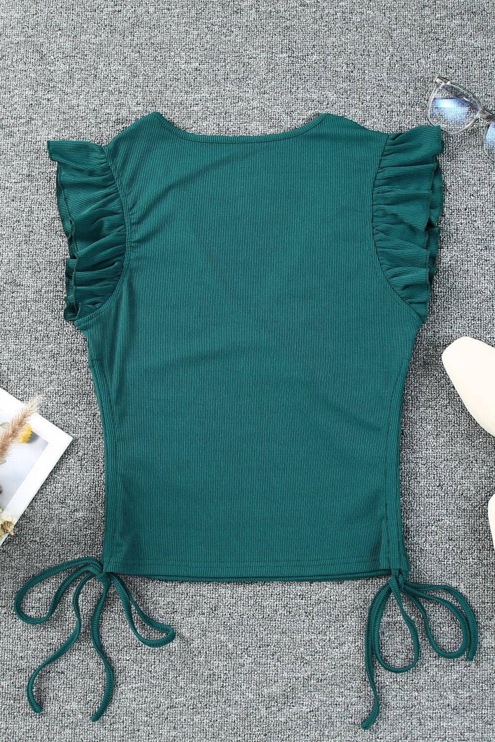 a women's green top with ruffled sleeves