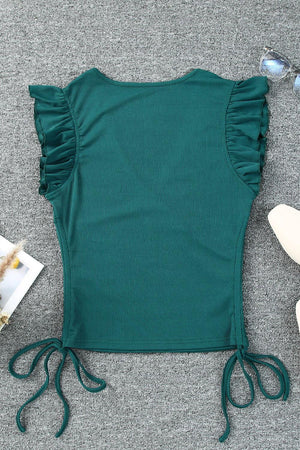 a women's green top with ruffled sleeves