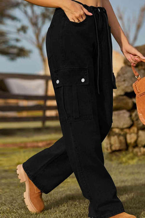 Drawstring Waist Loose Fit Cargo Jeans - MXSTUDIO.COM