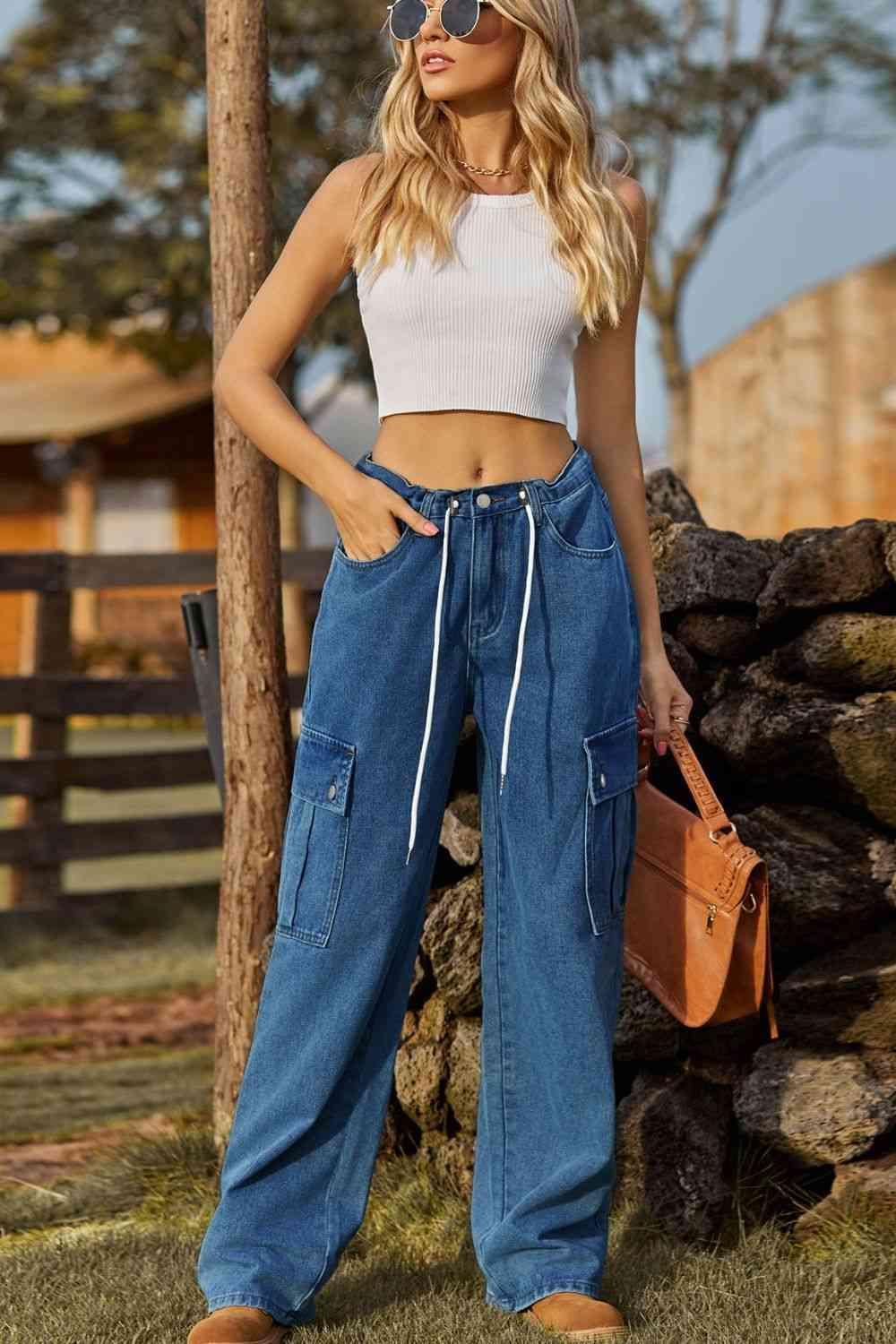 Drawstring Waist Loose Fit Cargo Jeans - MXSTUDIO.COM