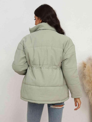 Drawstring Waist Zip-Up Light Green Puffer Jacket - MXSTUDIO.COM