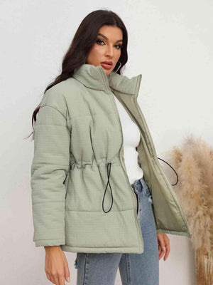 Drawstring Waist Zip-Up Light Green Puffer Jacket - MXSTUDIO.COM