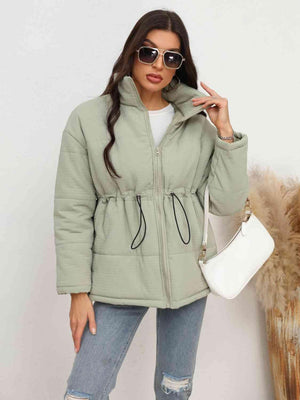 Drawstring Waist Zip-Up Light Green Puffer Jacket - MXSTUDIO.COM