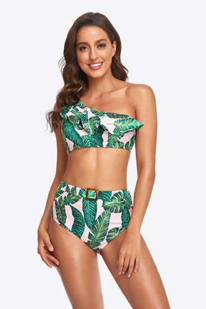 Dream Day Ruffled Buckled Detail One-Shoulder Bikini Set - MXSTUDIO.COM