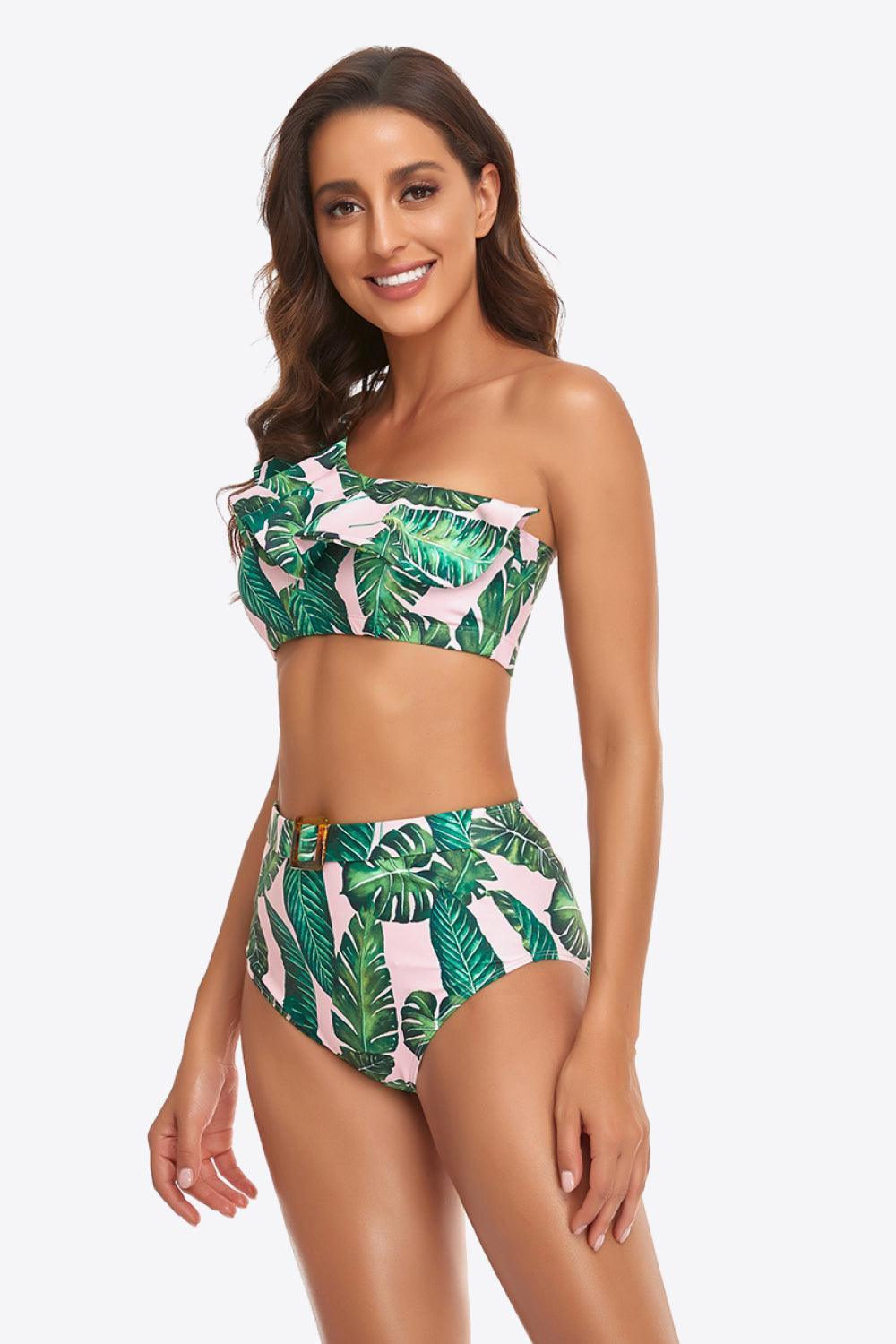 Dream Day Ruffled Buckled Detail One-Shoulder Bikini Set - MXSTUDIO.COM