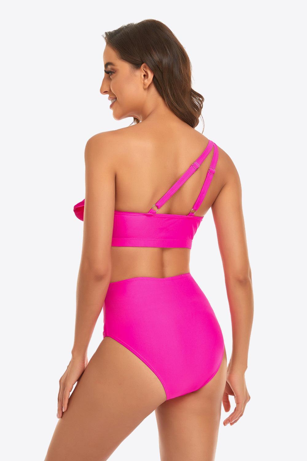 Dream Day Ruffled Buckled Detail One-Shoulder Bikini Set - MXSTUDIO.COM