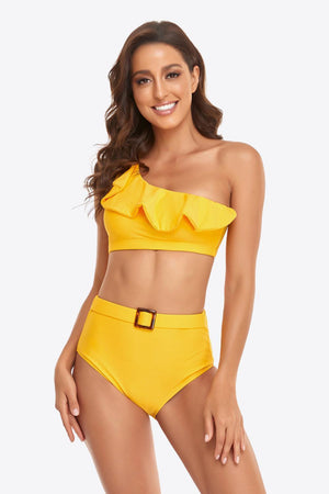 Dream Day Ruffled Buckled Detail One-Shoulder Bikini Set - MXSTUDIO.COM