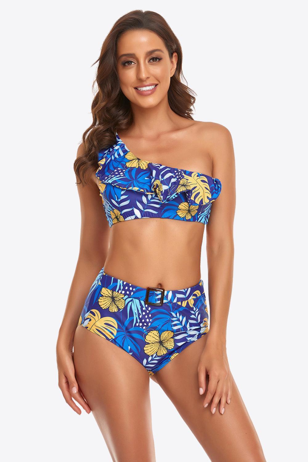 Dream Day Ruffled Buckled Detail One-Shoulder Bikini Set - MXSTUDIO.COM