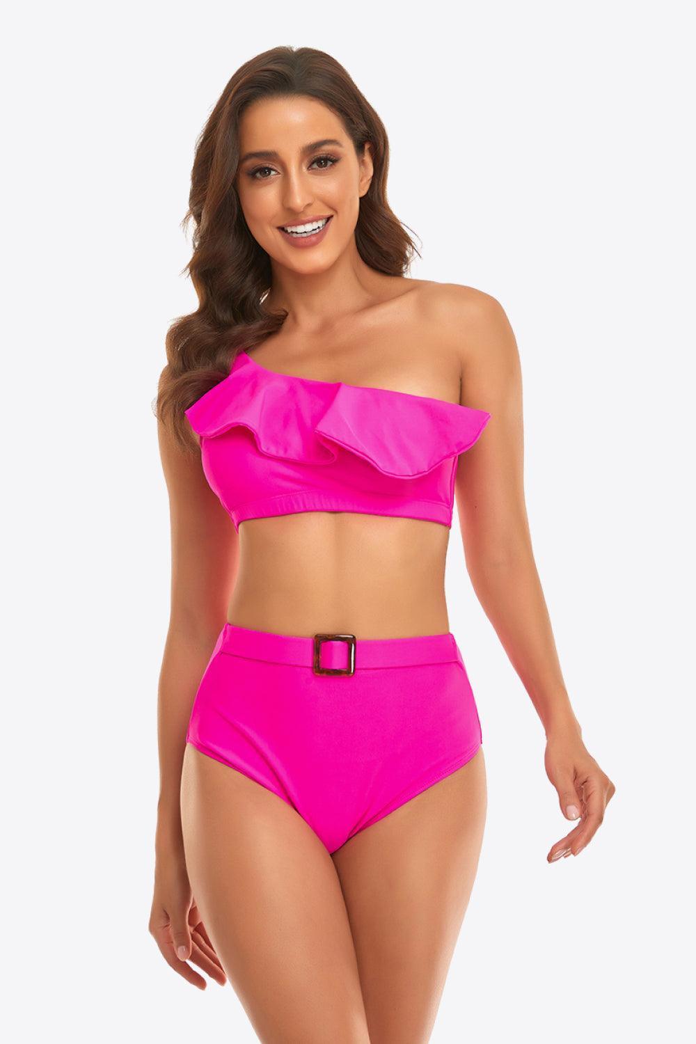 Dream Day Ruffled Buckled Detail One-Shoulder Bikini Set - MXSTUDIO.COM