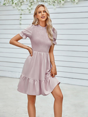 Dream Girl Mock Neck Puff Sleeve Tiered Mini Dress - MXSTUDIO.COM