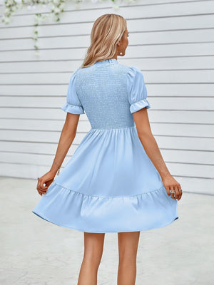 Dream Girl Mock Neck Puff Sleeve Tiered Mini Dress - MXSTUDIO.COM