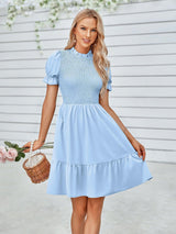 Dream Girl Mock Neck Puff Sleeve Tiered Mini Dress - MXSTUDIO.COM